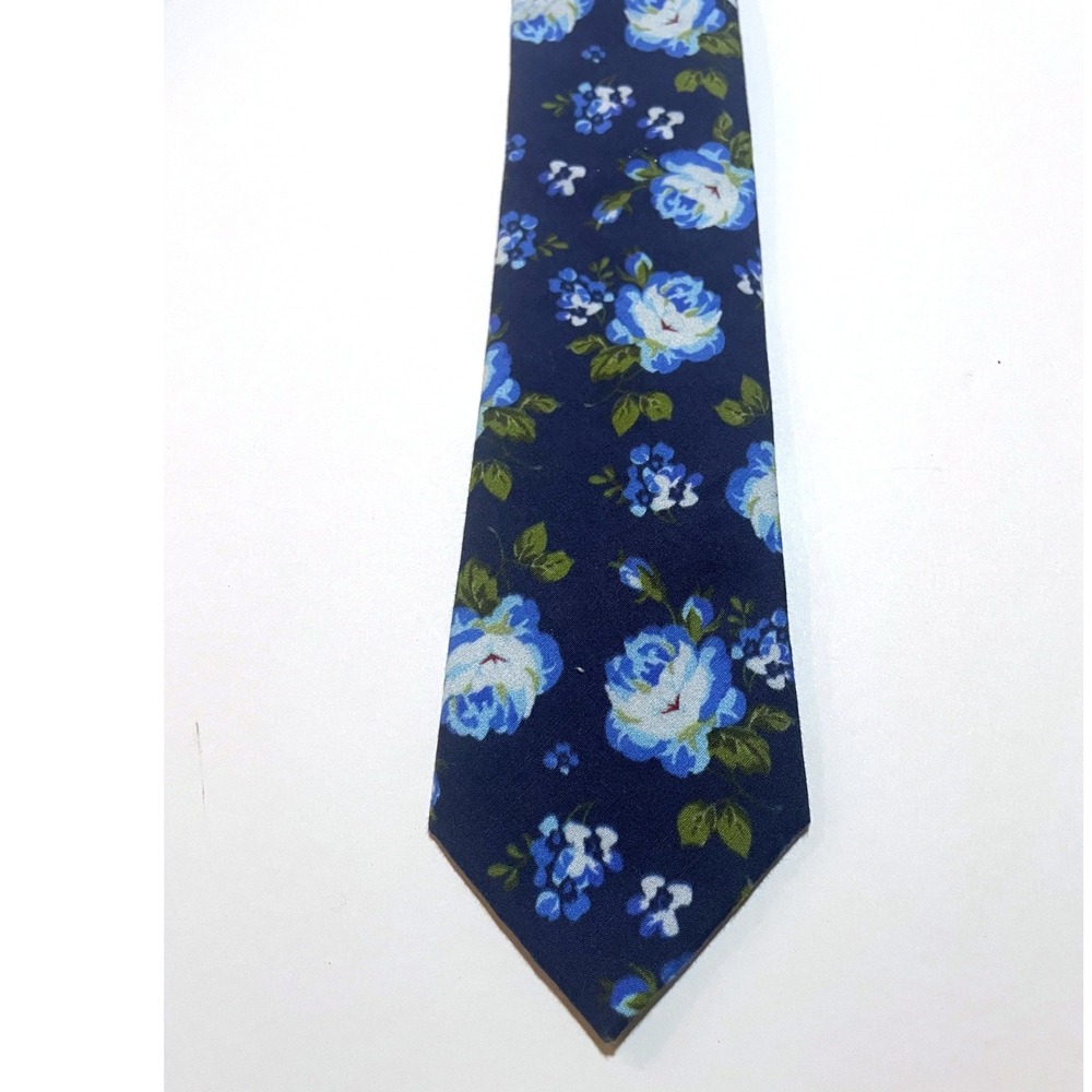 J.Ferrar Necktie Navy Blue Floral Cotton Skinny Dapper Garden Party Tie